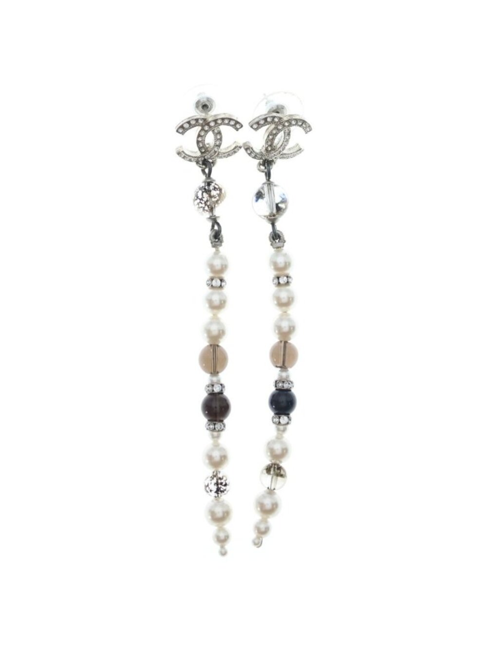 Chanel CC Logo Long Earrings Faux Pearl Rhinestone Silver White Black